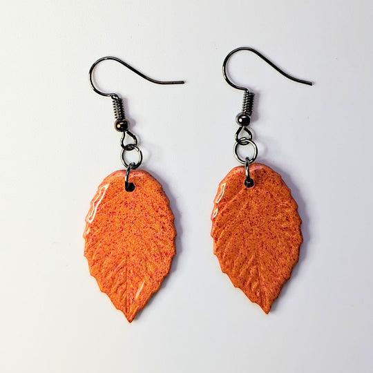 Sparkly Orange with Pink Glitter Leaf Drop Earrings