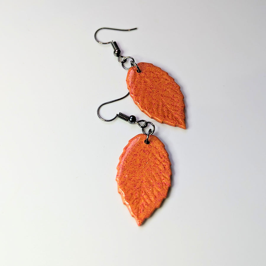 Sparkly Orange with Pink Glitter Leaf Drop Earrings