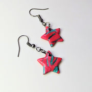 Marbled Sparkly Red & Green Star Drop Earrings