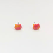 Sparkly Marbled Red & Yellow Cute Cat Face Stud Earrings