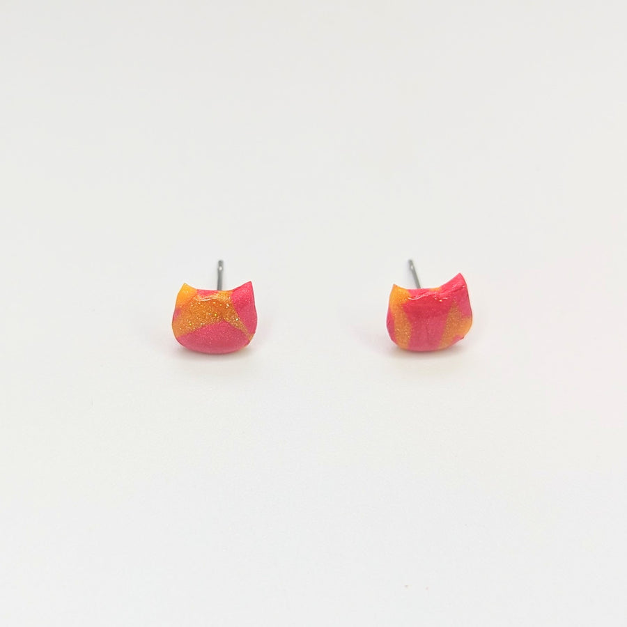Sparkly Marbled Red & Yellow Cute Cat Face Stud Earrings