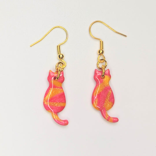 Sparkly Marbled Red & Yellow Cute Cat Drop Earrings