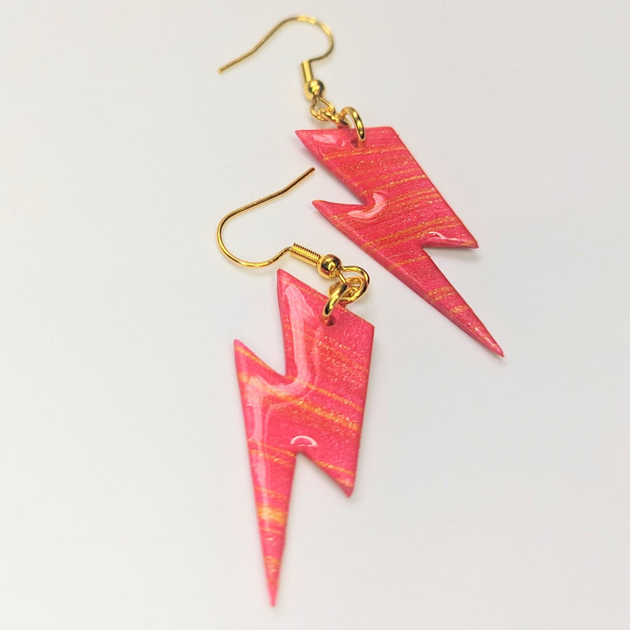 Sparkly Red & Yellow Striped Lightning Bolt Drop Earrings