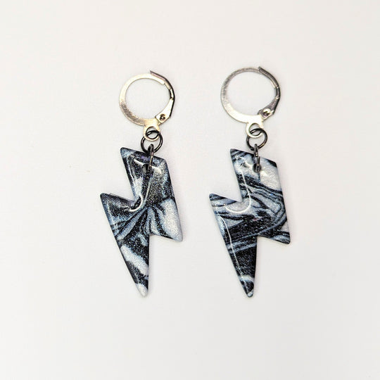 Sparkly Marbled Black & White Lightning Bolt Huggie Hoop Earrings