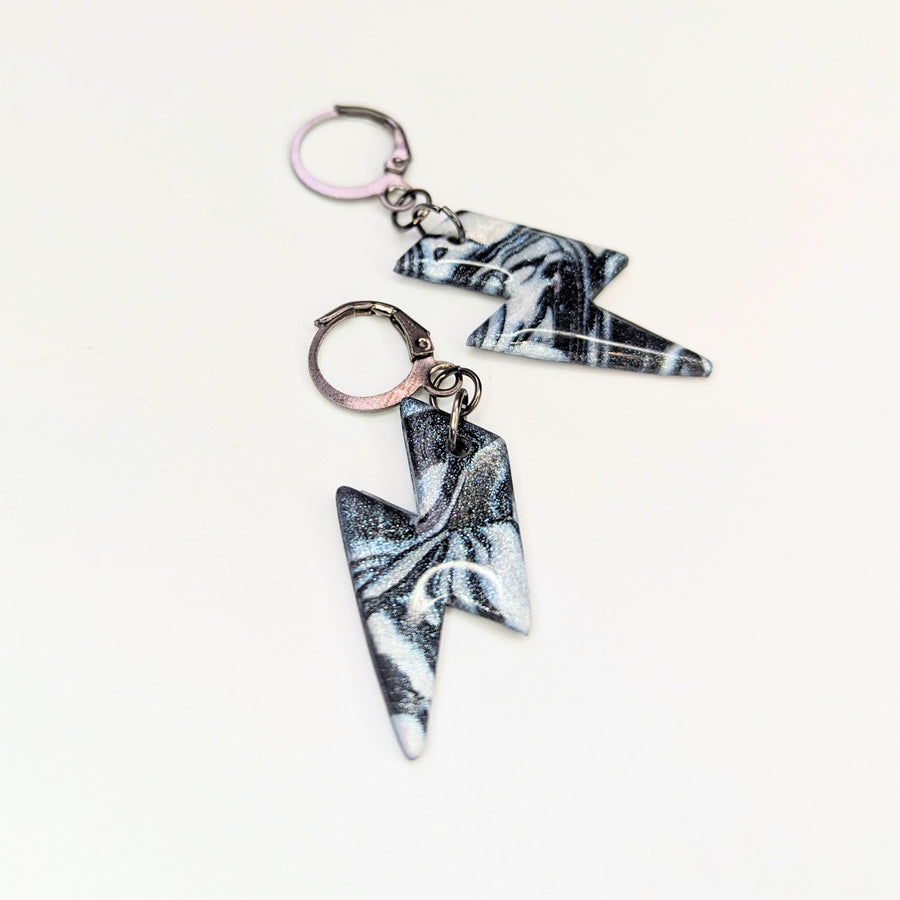 Sparkly Marbled Black & White Lightning Bolt Huggie Hoop Earrings