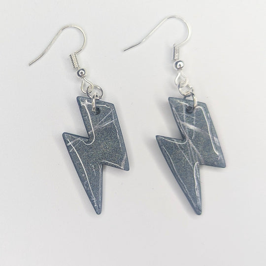 Metallic Silver Funky Painted Lightning Bolt Drop Earrings