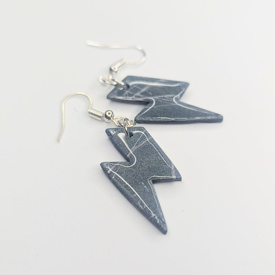Metallic Silver Funky Painted Lightning Bolt Drop Earrings