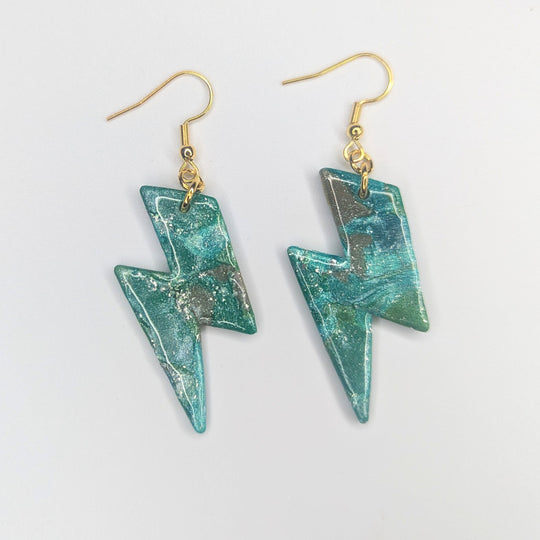 Emerald Green & Silver Lightning Bolt Drop Earrings