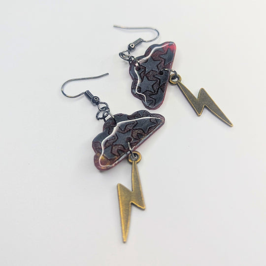 Punky Wine Red & Black Star Print Cloud & Lightning Bolt Charm Trapeze Earrings