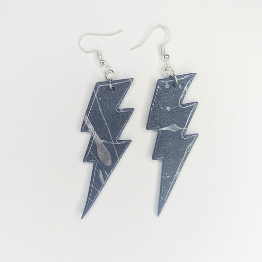 Oversized Metallic Silver Painted Lightning Bolt Drop Earrings