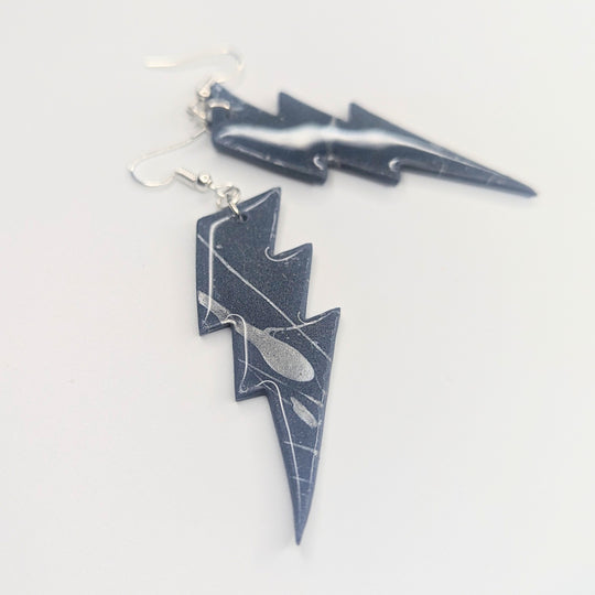 Oversized Metallic Silver Painted Lightning Bolt Drop Earrings