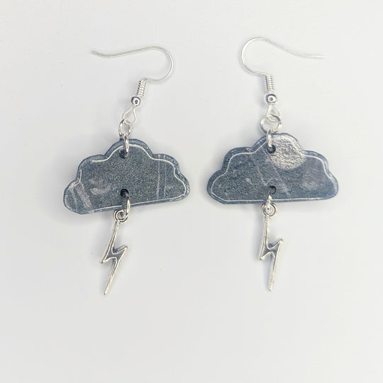 Metallic Painted Silver Cloud & Lightning Bolt Charm Trapeze Earrings