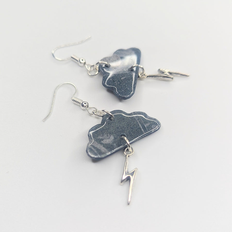Metallic Painted Silver Cloud & Lightning Bolt Charm Trapeze Earrings
