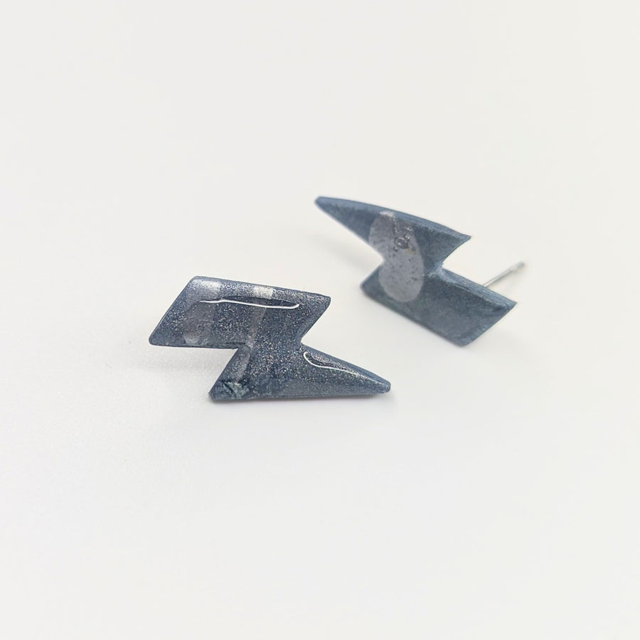 Metallic Silver Painted Lightning Bolt Stud Earrings