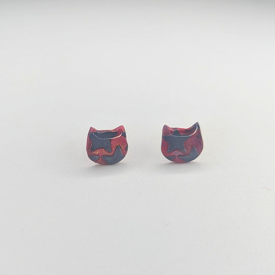 Wine Red with Black Star Print Cute Cat Face Stud Earrings