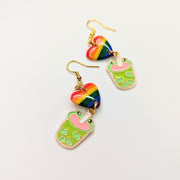 Rainbow Heart Topped Frog Bubble Tea Charm LGBTQIA Drop Earrings, Polymer Clay Jewellery