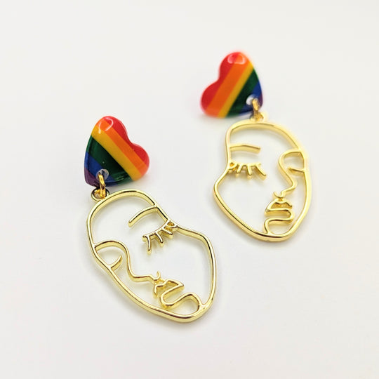 LGBTQ+ Pride Rainbow Polymer Clay Heart Face Trapeze Earrings