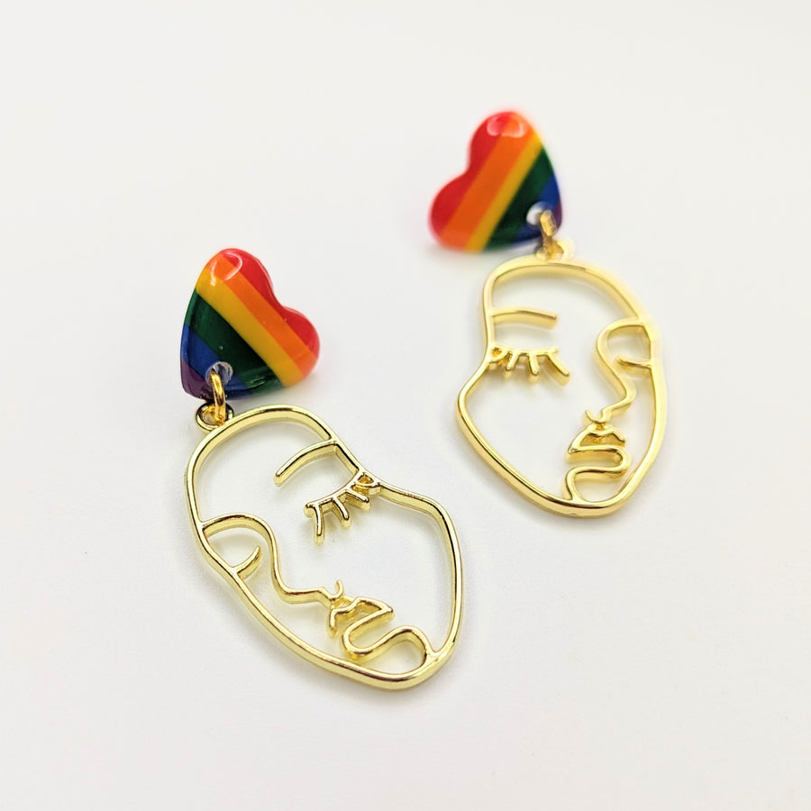 LGBTQ+ Pride Rainbow Polymer Clay Heart Face Trapeze Earrings