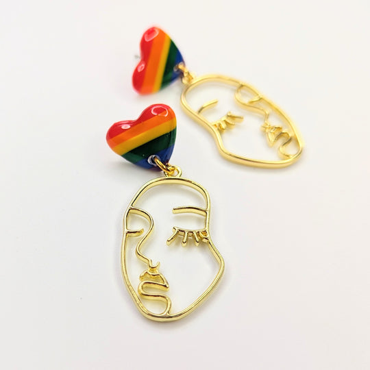 LGBTQ+ Pride Rainbow Polymer Clay Heart Face Trapeze Earrings