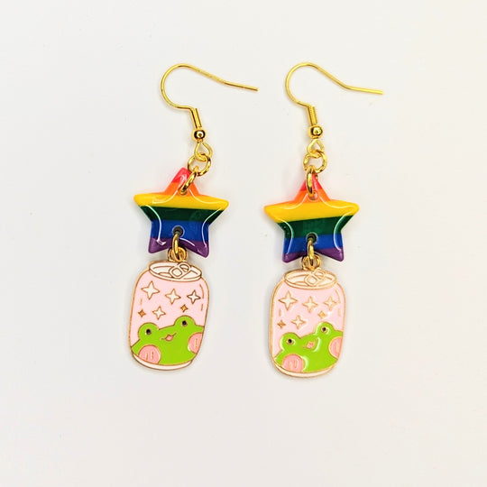 Rainbow Star Topped Frog Soda Can Charm LGBTQIA Drop Earrings, Polymer Clay Jewellery