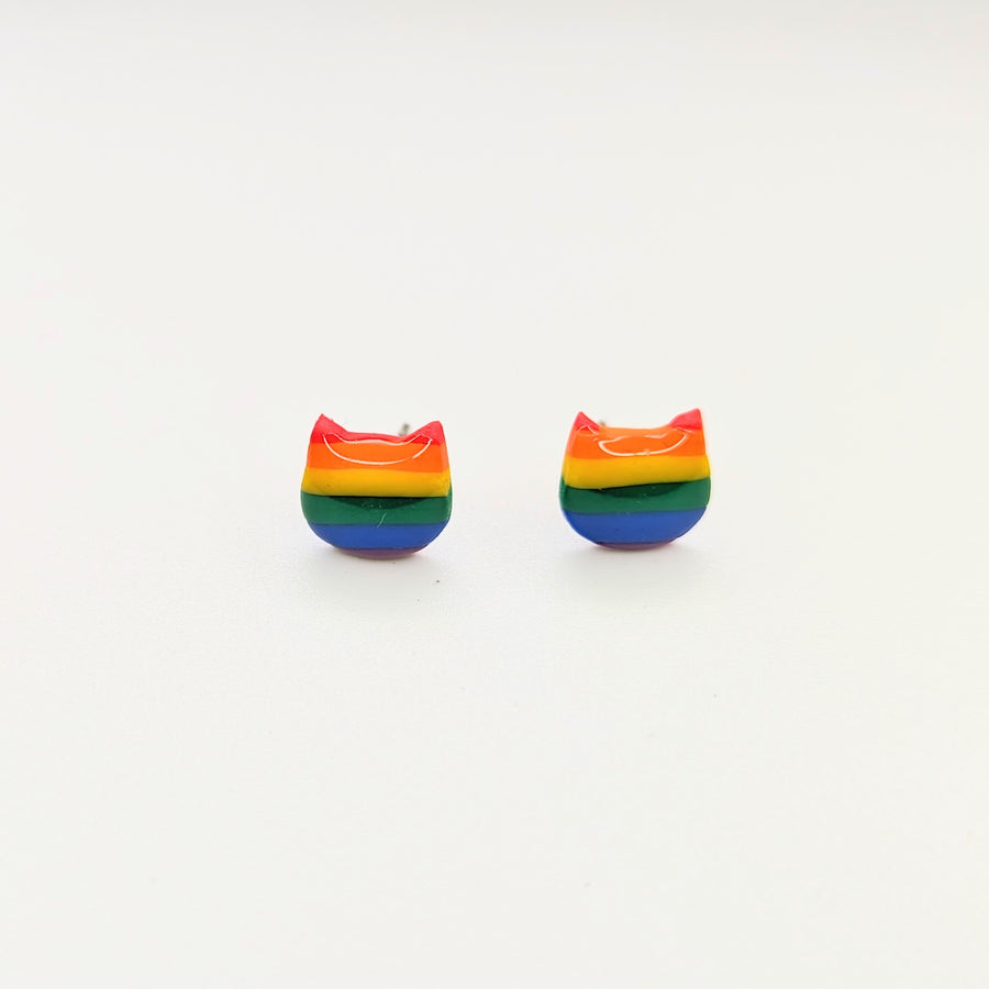 Pride Rainbow Cute Cat Face Stud Earrings, LGBTQ+ Queer Jewellery