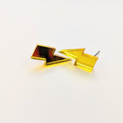 Mirrored Yellow Acrylic Lightning Bolt Studs, Handmade Earrings