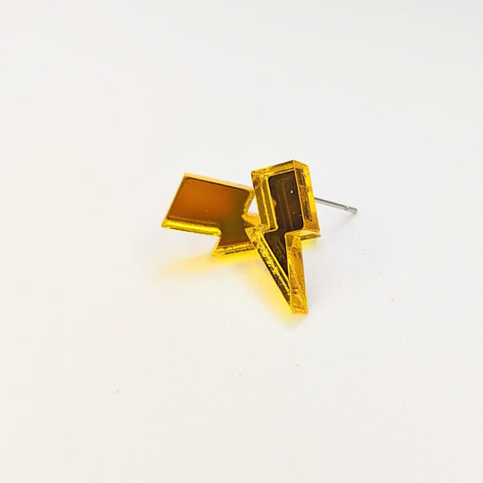 Mirrored Yellow Acrylic Lightning Bolt Studs, Handmade Earrings