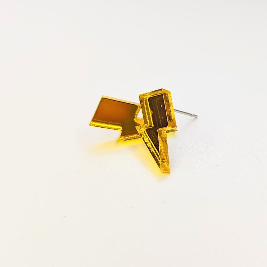 Mirrored Yellow Acrylic Lightning Bolt Studs, Handmade Earrings