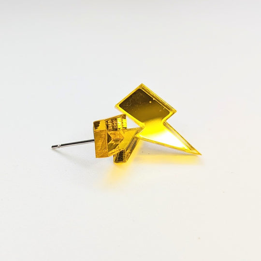 Mirrored Yellow Acrylic Lightning Bolt Studs, Handmade Earrings