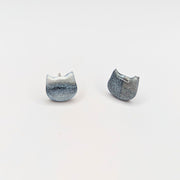 Sparkly Marbled White & Black Cute Cat Face Stud Earrings