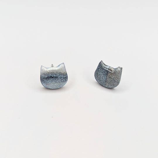 Sparkly Marbled White & Black Cute Cat Face Stud Earrings