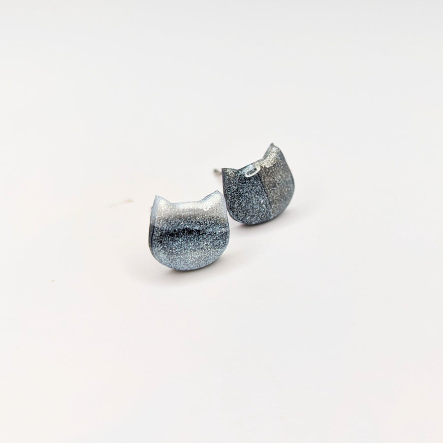 Sparkly Marbled White & Black Cute Cat Face Stud Earrings