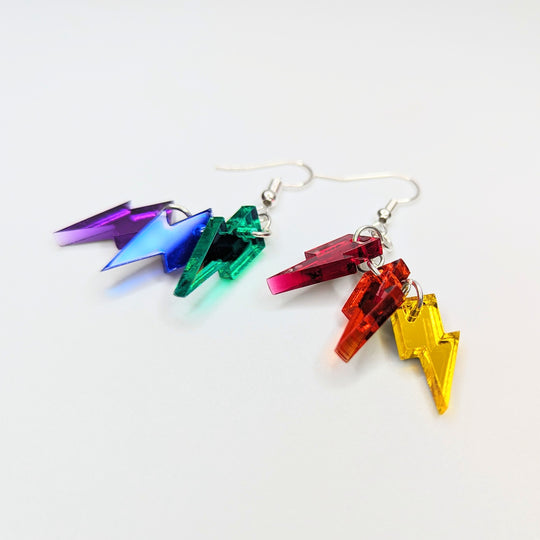Mirrored Rainbow Acrylic Pride Staggered Lightning Bolt Statement Earrings, LGBTQ+ Queer Trapeze Earrings