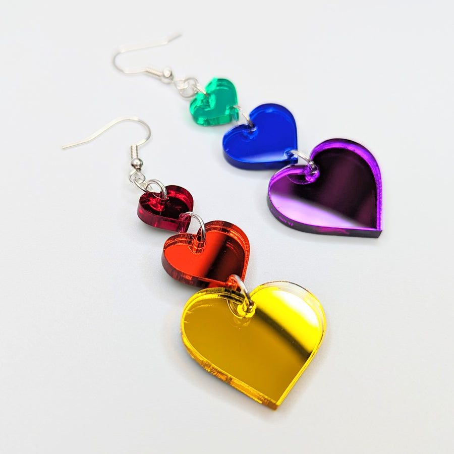 Mirrored Rainbow Acrylic Pride Triple Heart Statement Earrings, LGBTQ+ Queer Trapeze Earrings