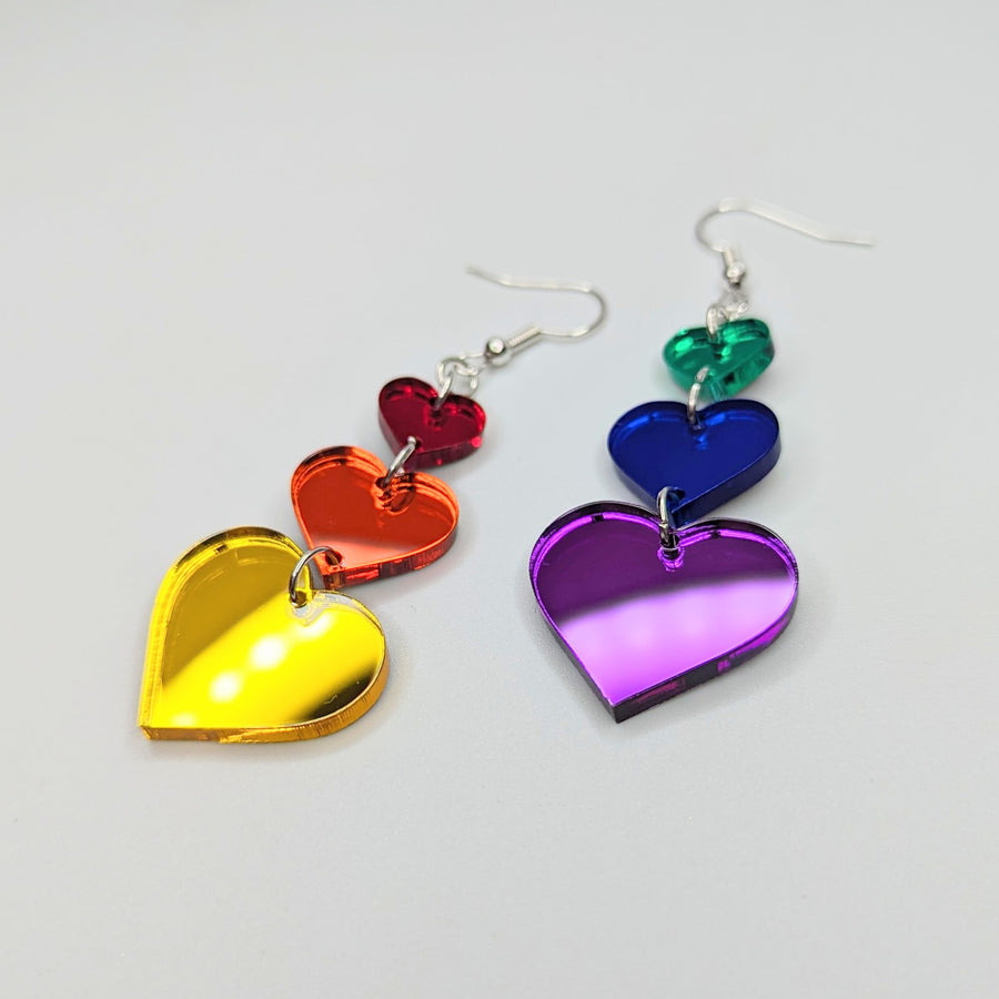 Mirrored Rainbow Acrylic Pride Triple Heart Statement Earrings, LGBTQ+ Queer Trapeze Earrings