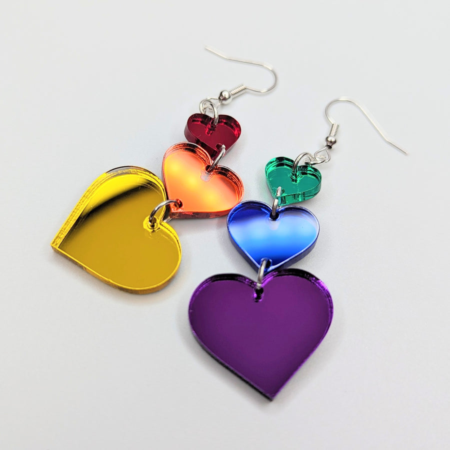 Mirrored Rainbow Acrylic Pride Triple Heart Statement Earrings, LGBTQ+ Queer Trapeze Earrings