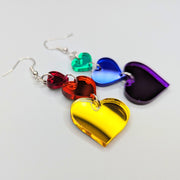 Mirrored Rainbow Acrylic Pride Triple Heart Statement Earrings, LGBTQ+ Queer Trapeze Earrings
