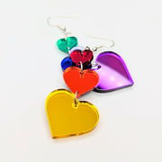 Mirrored Rainbow Acrylic Pride Triple Heart Statement Earrings, LGBTQ+ Queer Trapeze Earrings