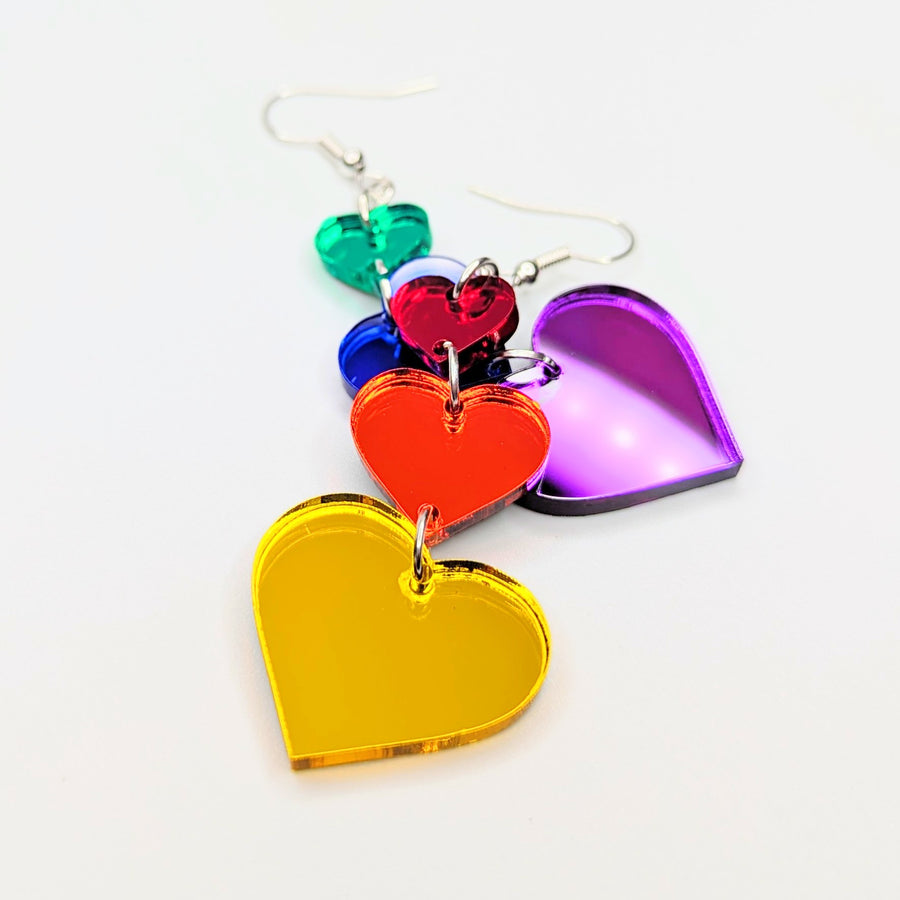 Mirrored Rainbow Acrylic Pride Triple Heart Statement Earrings, LGBTQ+ Queer Trapeze Earrings
