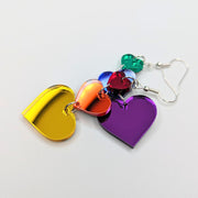 Mirrored Rainbow Acrylic Pride Triple Heart Statement Earrings, LGBTQ+ Queer Trapeze Earrings