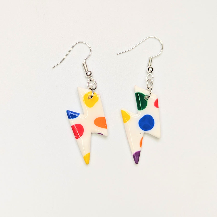 Pride Rainbow Polka Dot Lightning Bolt Earrings, LGBTQ+ Queer Jewellery