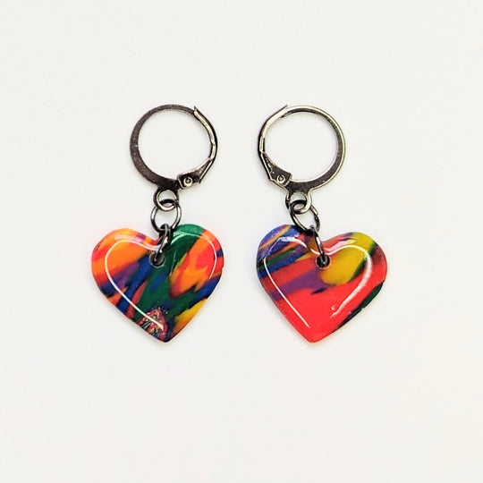 Marbled Multi-Coloured Rainbow Heart Huggie Hoop Earrings