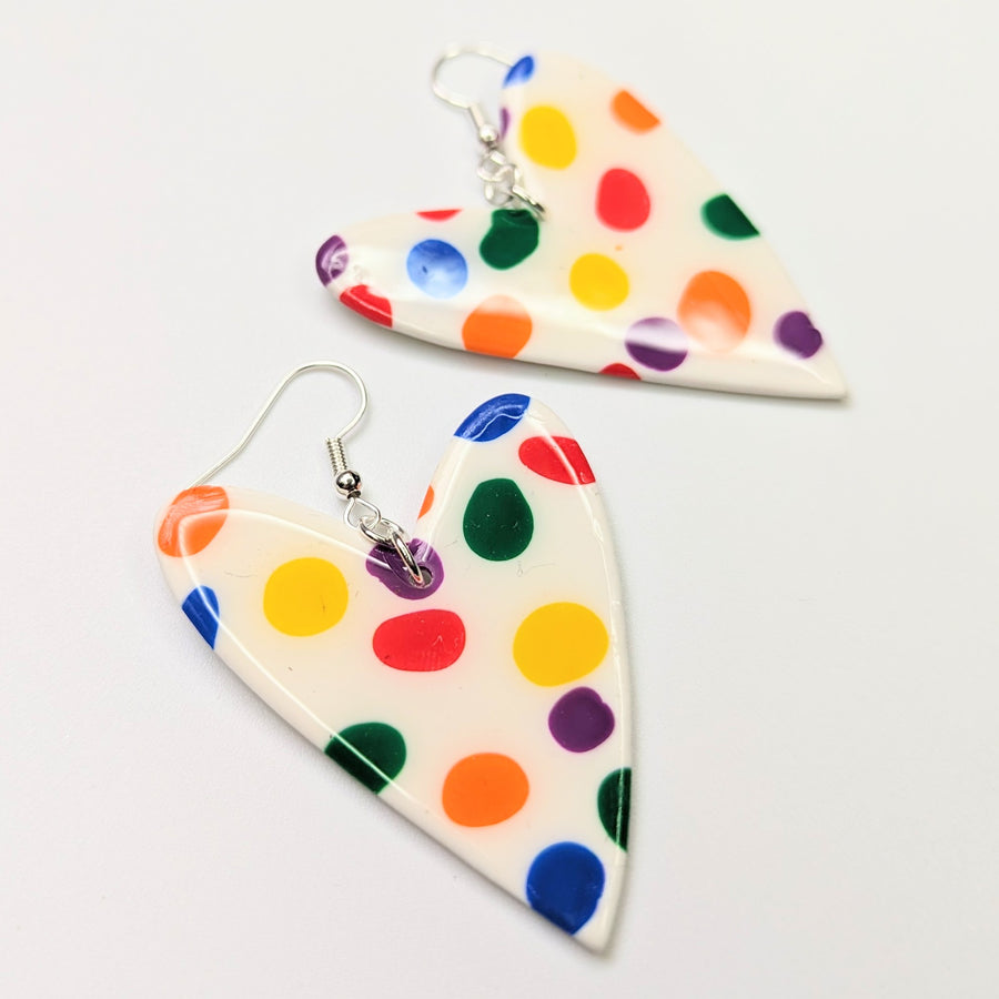 Pride Rainbow Polka Dot Oversized Wonky Heart Earrings, LGBTQ+ Queer Jewellery