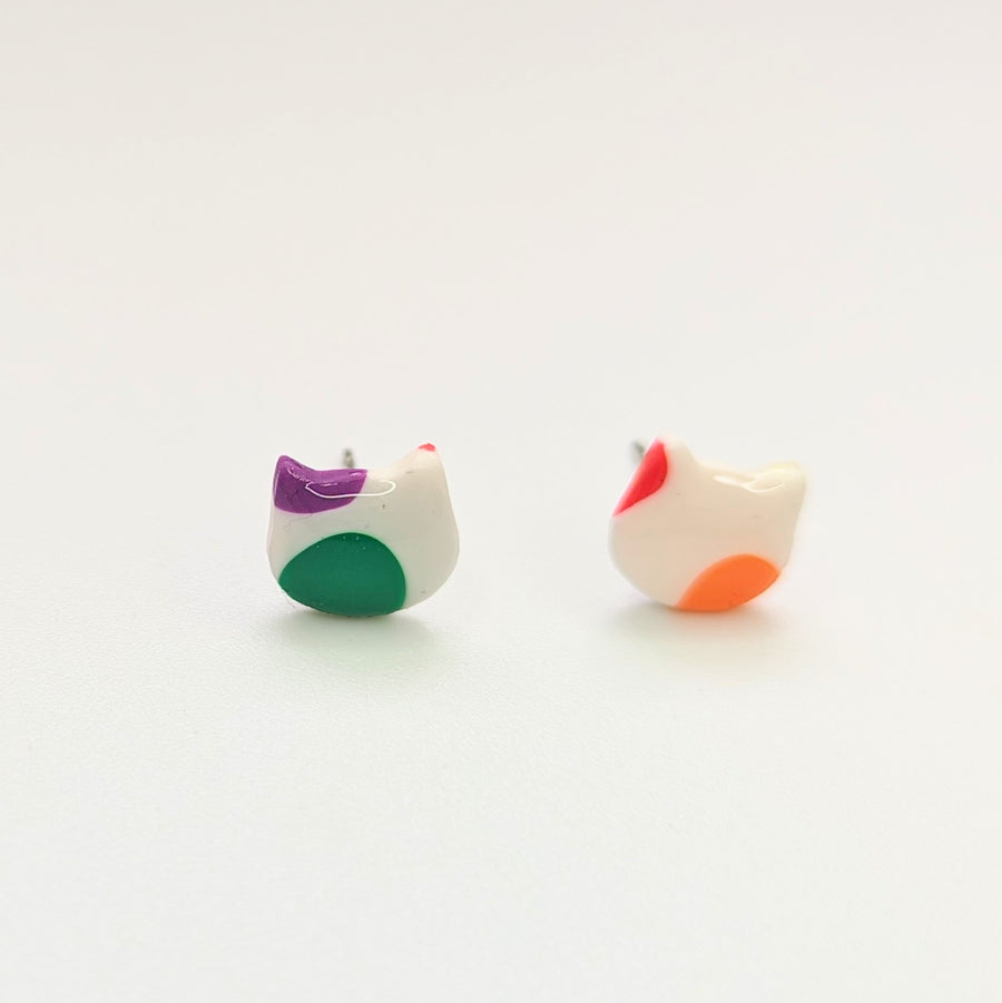 Pride Rainbow Polka Dot Cat Face Stud Earrings, LGBTQ+ Queer Jewellery