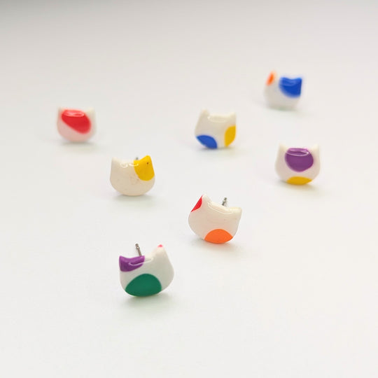Pride Rainbow Polka Dot Cat Face Stud Earrings, LGBTQ+ Queer Jewellery