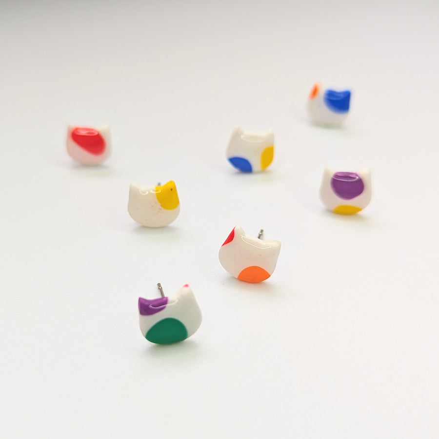 Pride Rainbow Polka Dot Cat Face Stud Earrings, LGBTQ+ Queer Jewellery