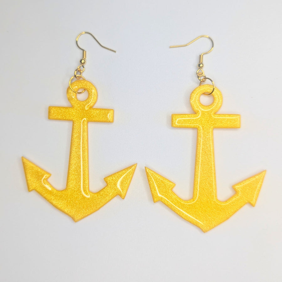 Oversized Sparkly Yellow Anchor Drop Earrings, Polymer Clay Jewellery