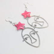 Sparkly Marbled Pink Star Topped Face Drop Earrings, Polymer Clay Jewellery