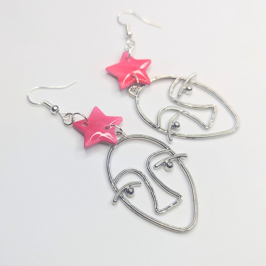 Sparkly Marbled Pink Star Topped Face Drop Earrings, Polymer Clay Jewellery