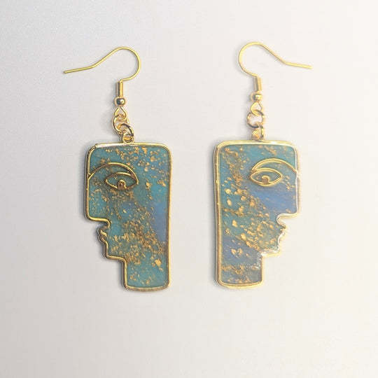 Teal & Gold Flake Glow in the Dark Face Drop Earrings, Polymer Clay Jewellery